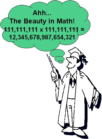 Professor says that one of the beauties in math is 111,111,111 X 111,111,111 = 12, 345,678,987,654,321
