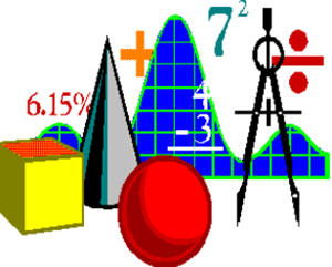 Math manipulatives image with cube, cone, sphere, compass and math symbols